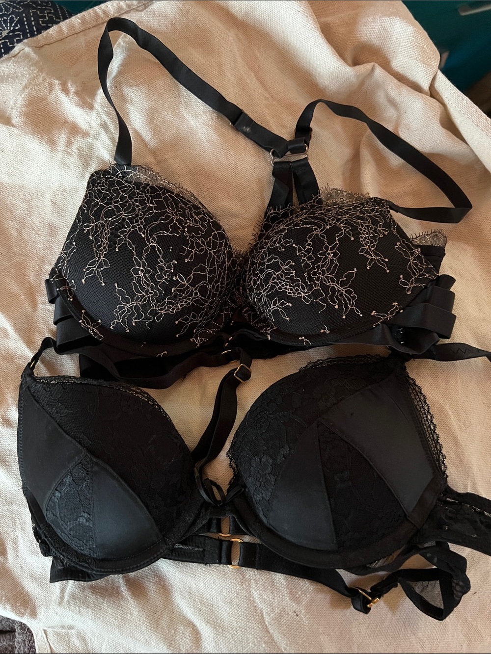 Two Victoria's Secret Black Bra with Gold both size 32B